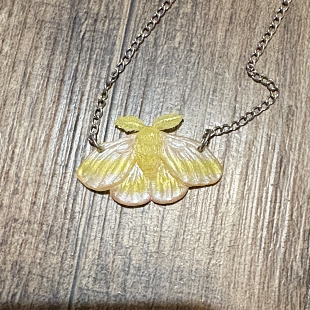 Elegant Yellow and Pastel Pink Moth Pendant Necklace - Picture 5 of 6